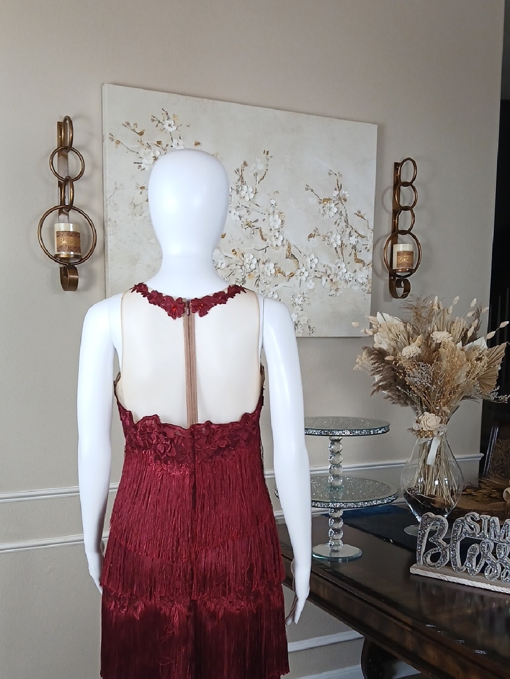 New Women's Fringed Wine Embroidered Cocktail Dress By Marchesa Notte. Size 2 - Picture 11 of 16